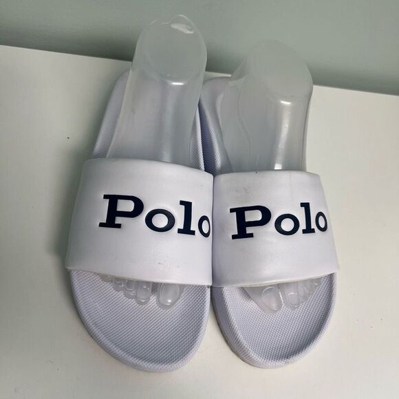 Polo Ralph Lauren Womens Size 9 Polo Spellout Cayson Slides White Black Sandals - Picture 3 of 9